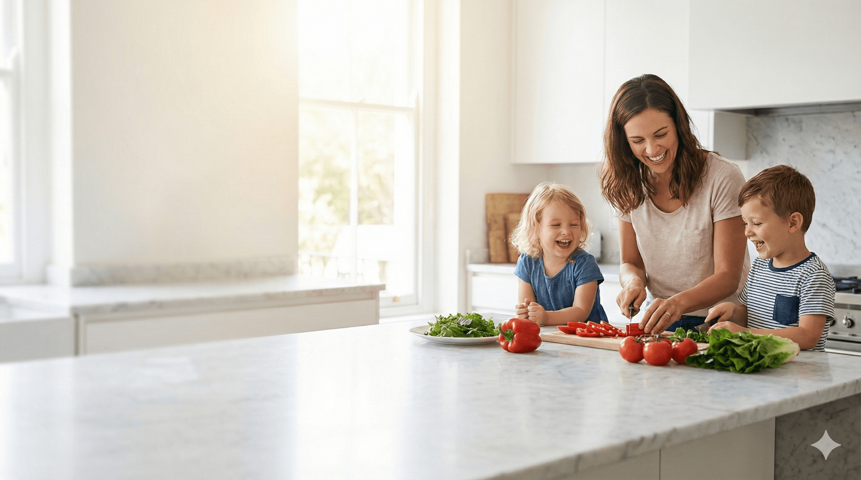 Mother and kids cooking together